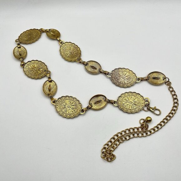 VTG 70s Gold Tone Medallion Concho Chain Waist Belt Boho Hippie Festival 26-40” main image 5